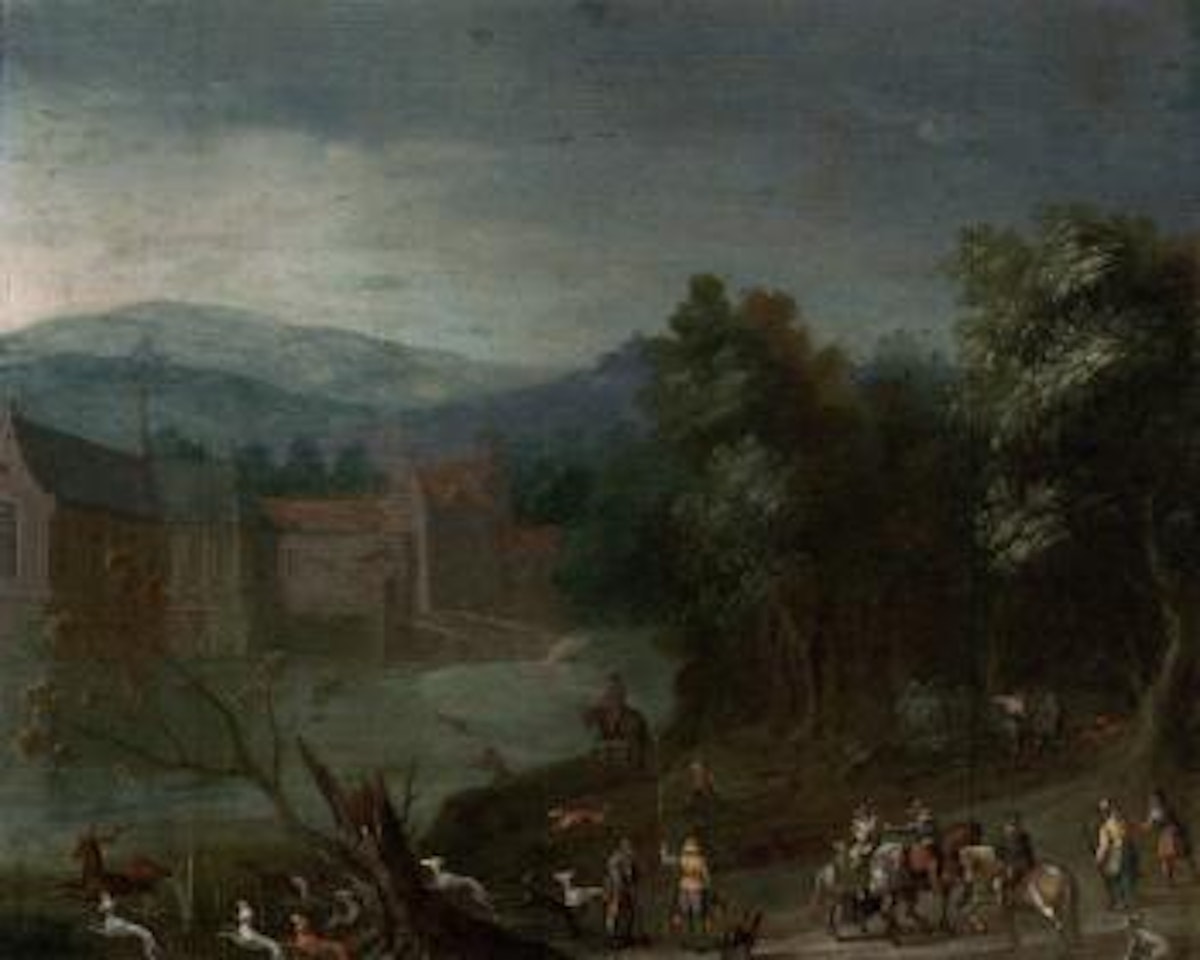 A wooded landscape with a stag hunt, a castle beyond by Anton Mirou