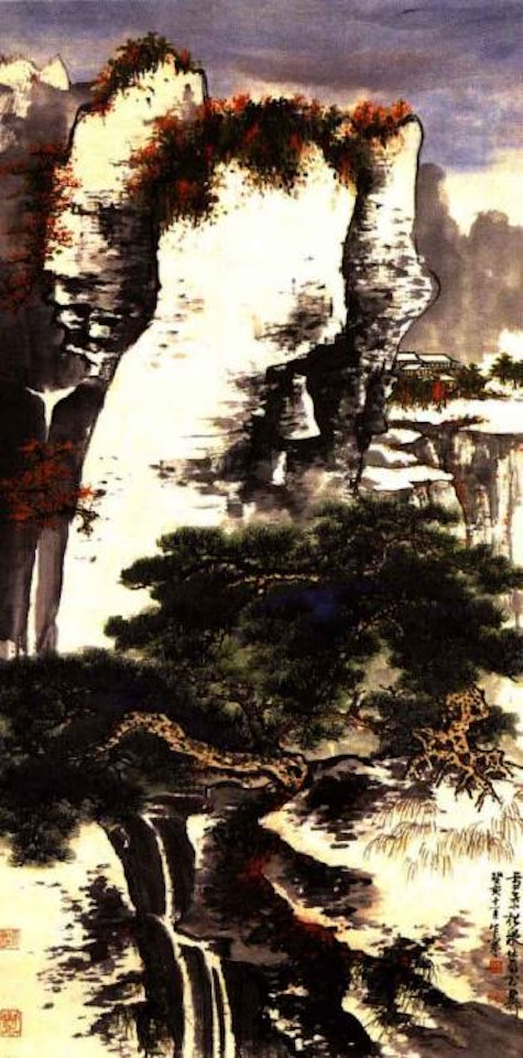 Waterfall springing from snow capped mountains by Xie Zhiliu