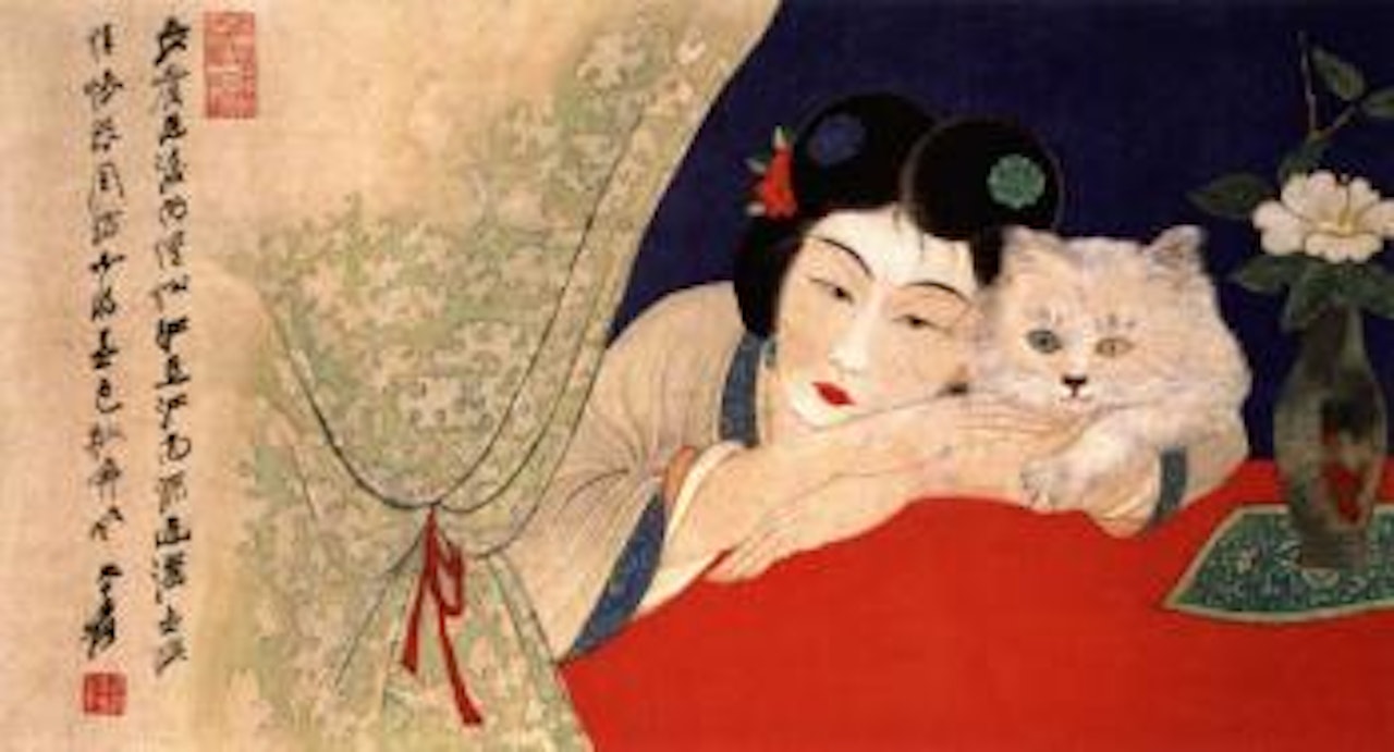Lady stroking a cat by Zhang Daqian