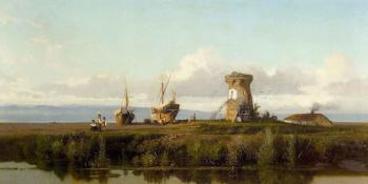 Beached boats and figures in an extensive coastal landscape by Italian School