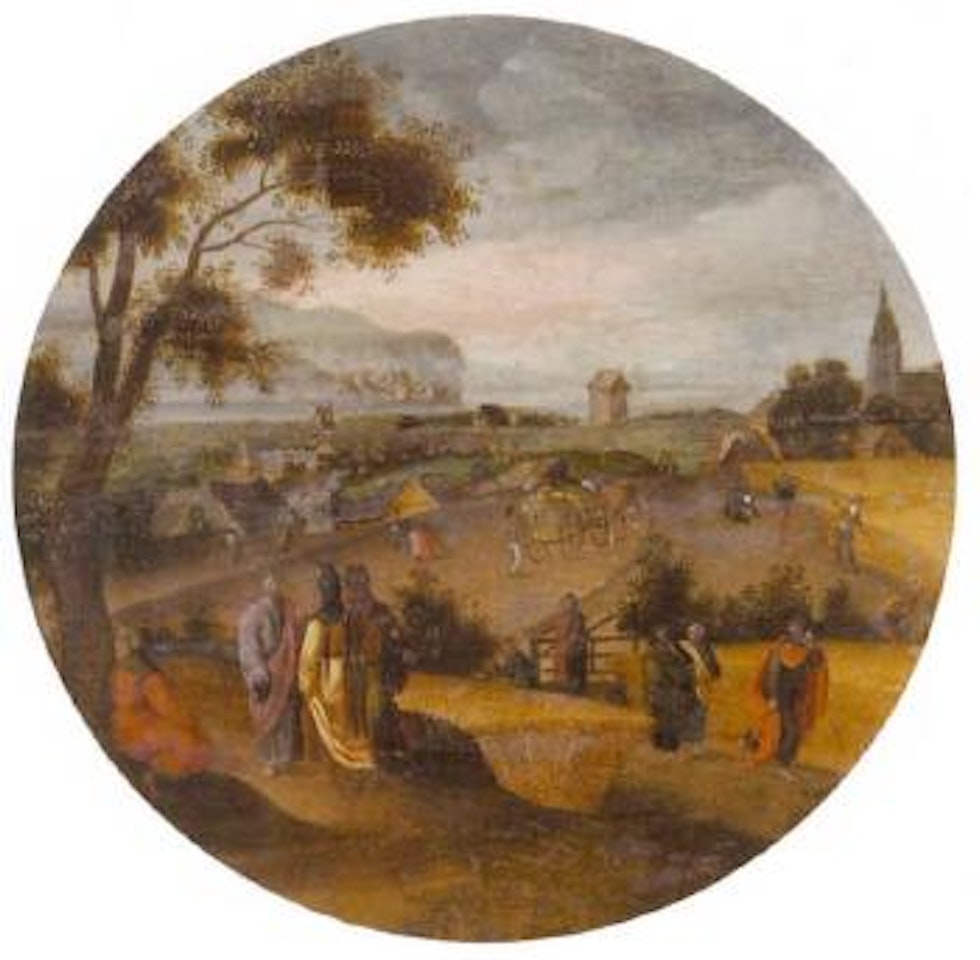 Christ and his apostles in a landscape with harvesters in the background by Dutch School