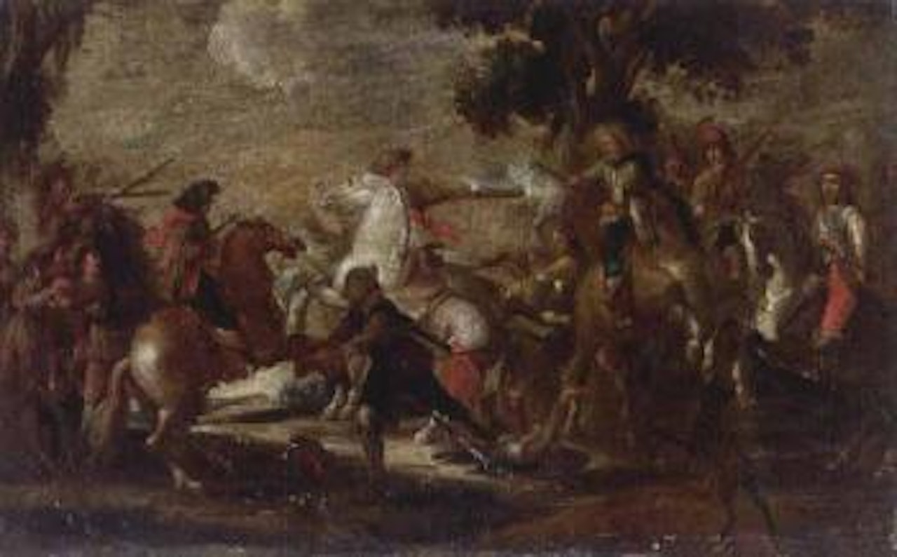 Cavalry battle scene in a wooded landscape by Cornelis de Wael