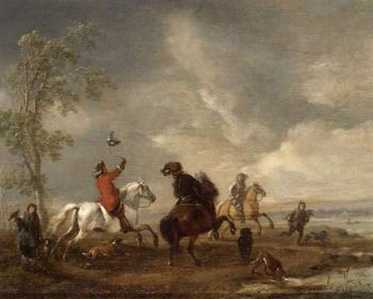 Hawking party with horsemen, falconers and their hounds by Philips Wouwerman