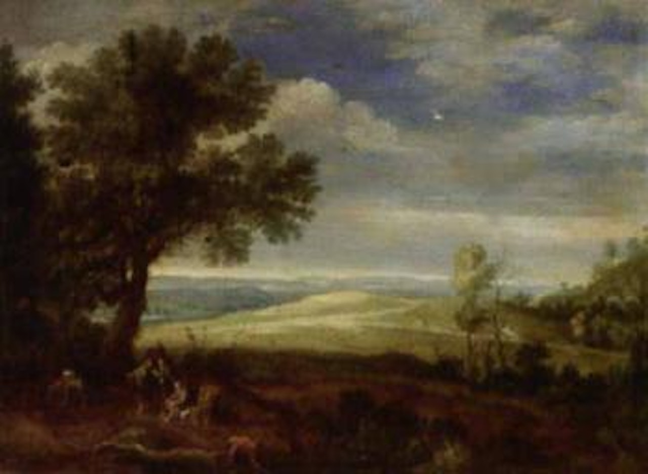 Extensive wooded landscape with monks resting with a donkey, shepherds with herd in distance by Paul Bril