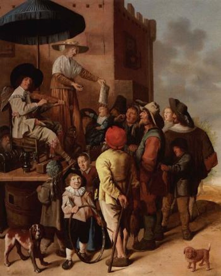 Quack doctor and his assistant selling their wares in a village by Jan Miense Molenaer