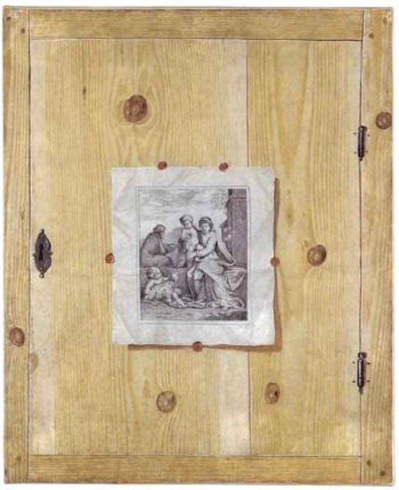 Trompe l'oeil of cupboard door with Holy Family and dog by German School