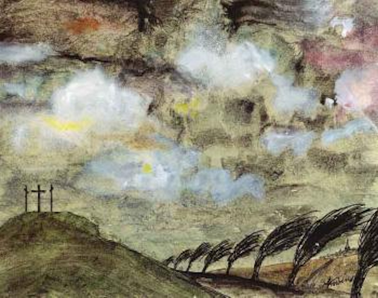 Landscape with three crosses - Golgotha by Alfred Kubin