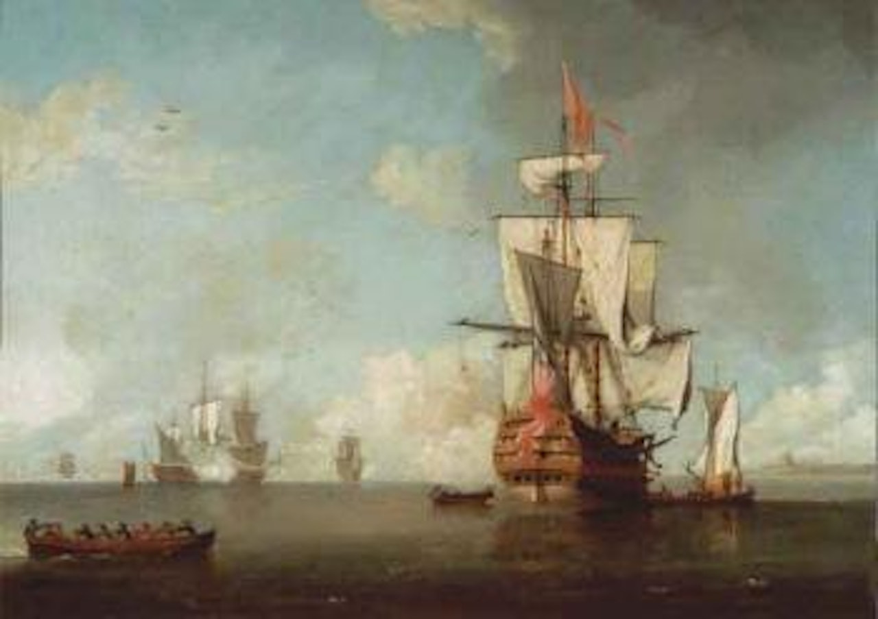 Warships firing a salute off the coast by Peter Monamy