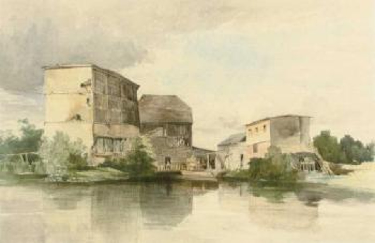 Timber buildings on a river bank by Edward Duncan