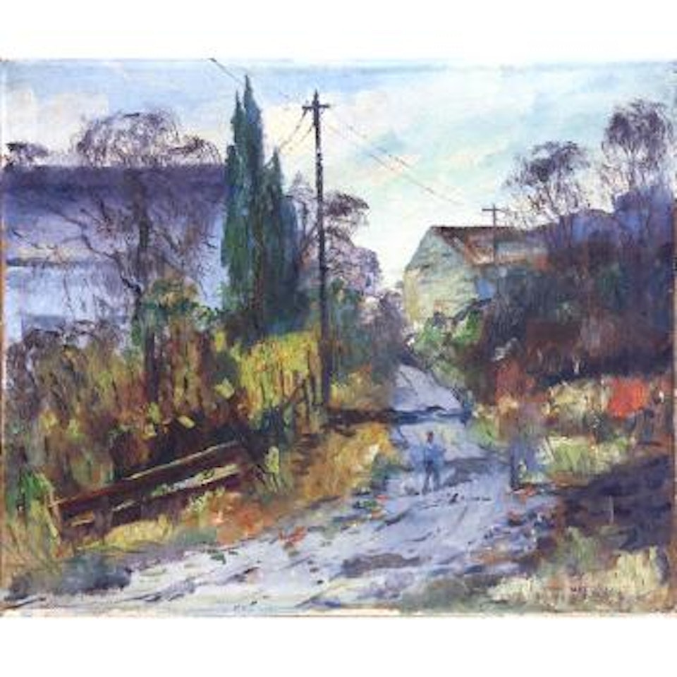 Sellersville, PA, man walking down a road by Walter Emerson Baum