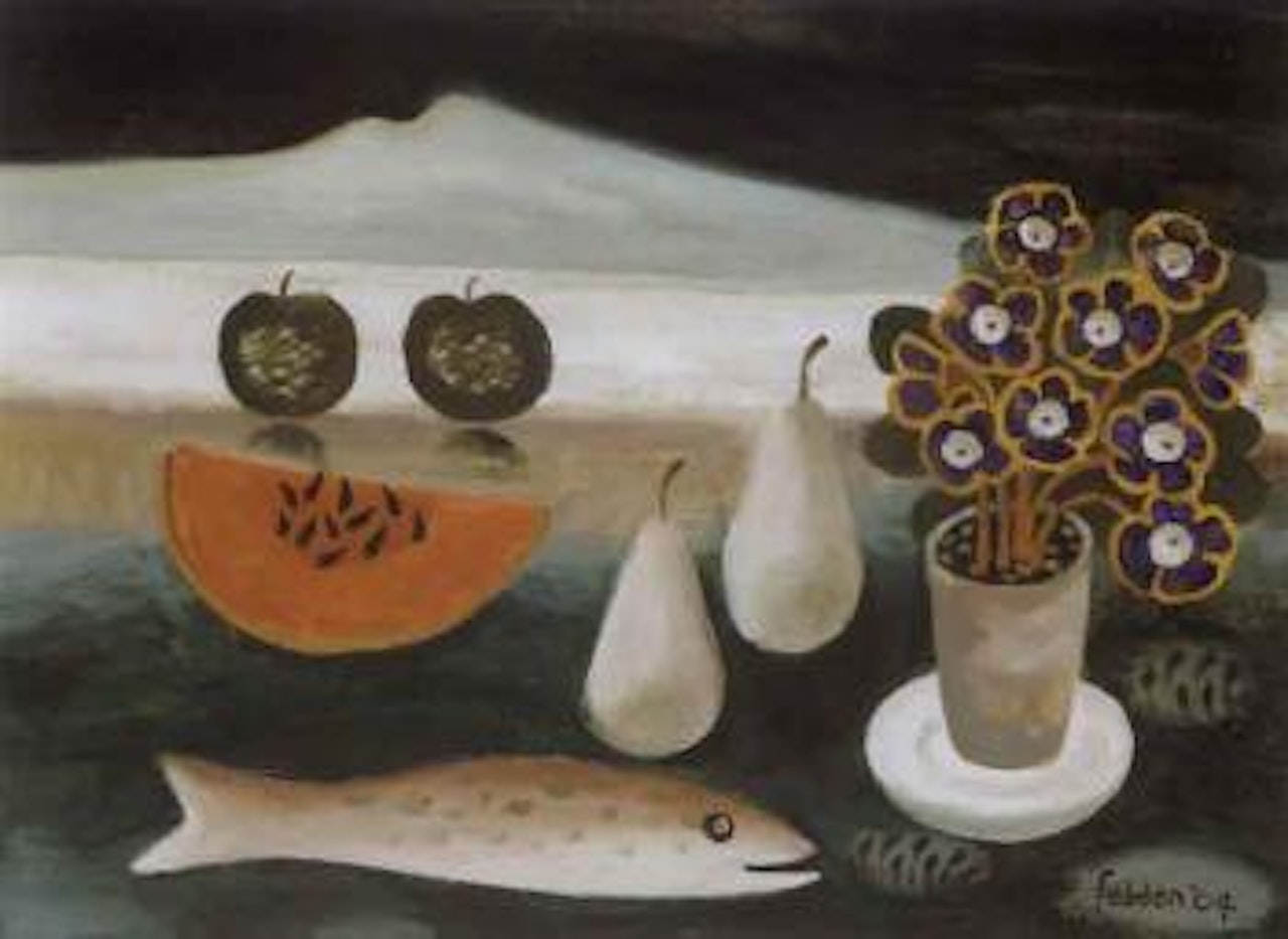 Still life with fish, flowers and fruit by Mary Fedden