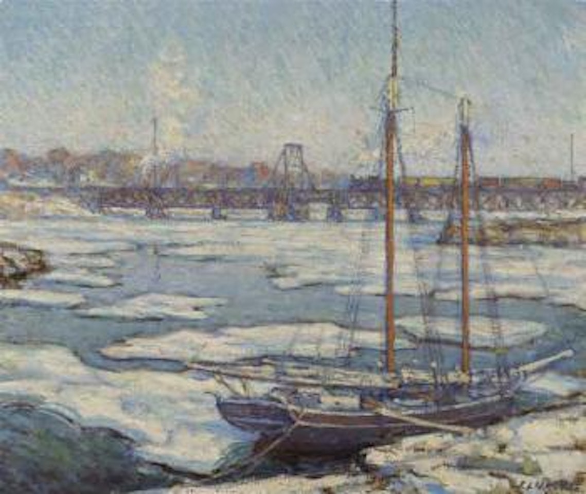 Schooner in the ice, view from the Bush-Holley House, Cos Cob, Connecticut by Elmer Livingston Macrae