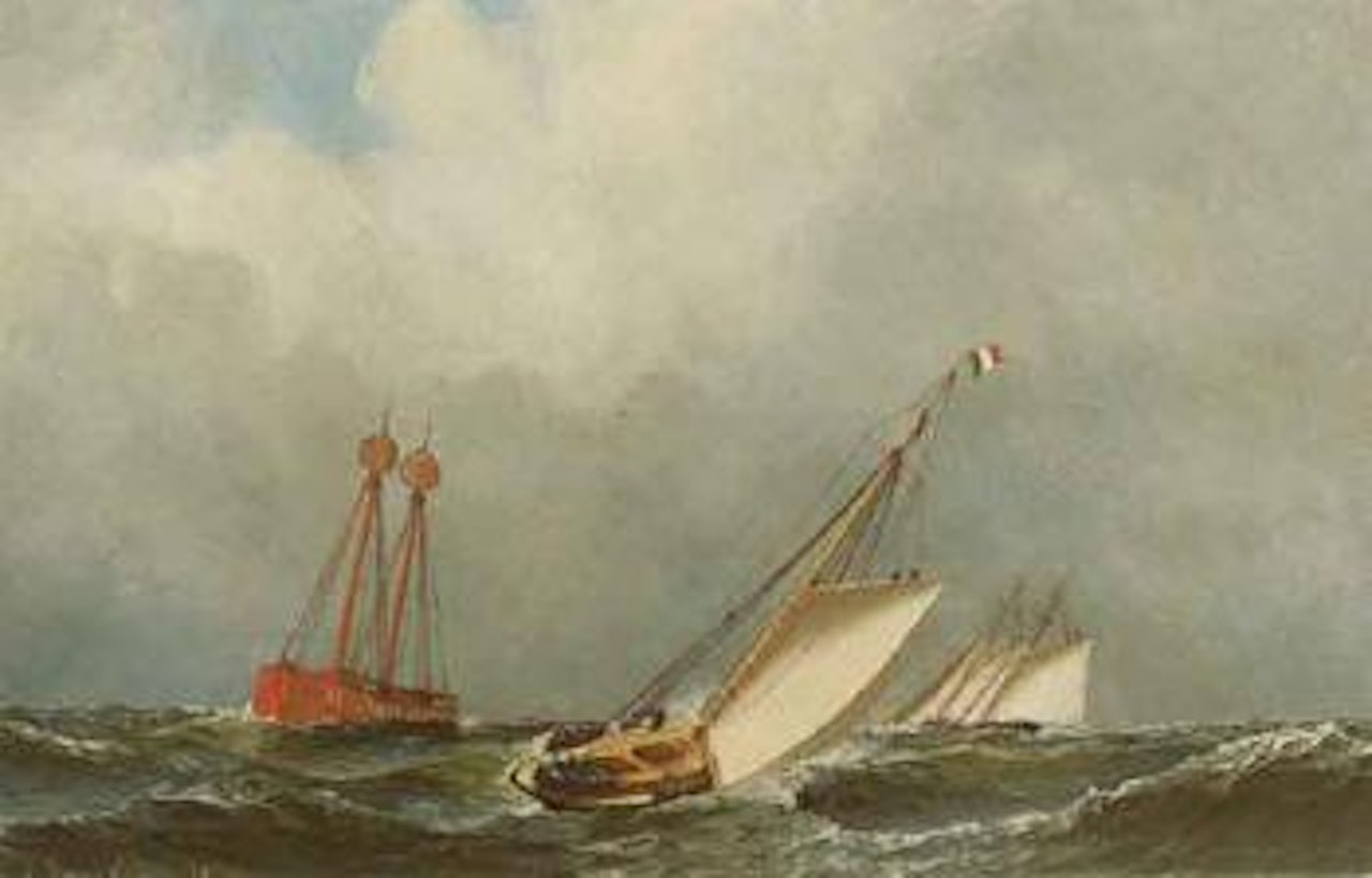 Vision and Dauntless off Sandy Hook Lightship by Antonio Jacobsen