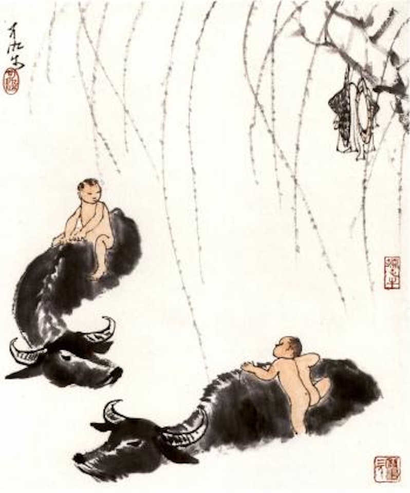 Bathing with buffaloes by Li Keran
