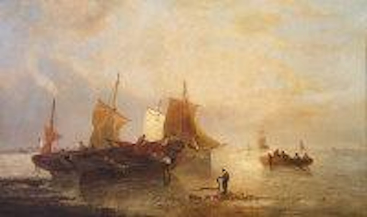 Figures with shipping on the shore by François Etienne Musin