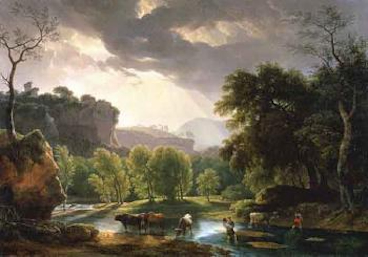 View of the Roman campagna with figures and cattle crossing a ford by Hendrik Voogd