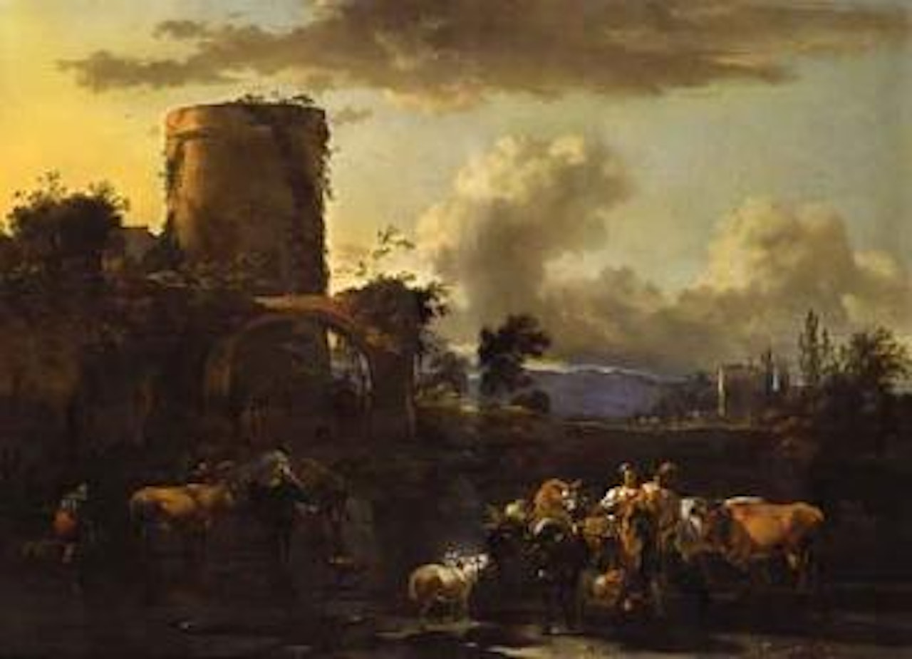Evening landscape with drovers by Nicolaes Pietersz Berchem