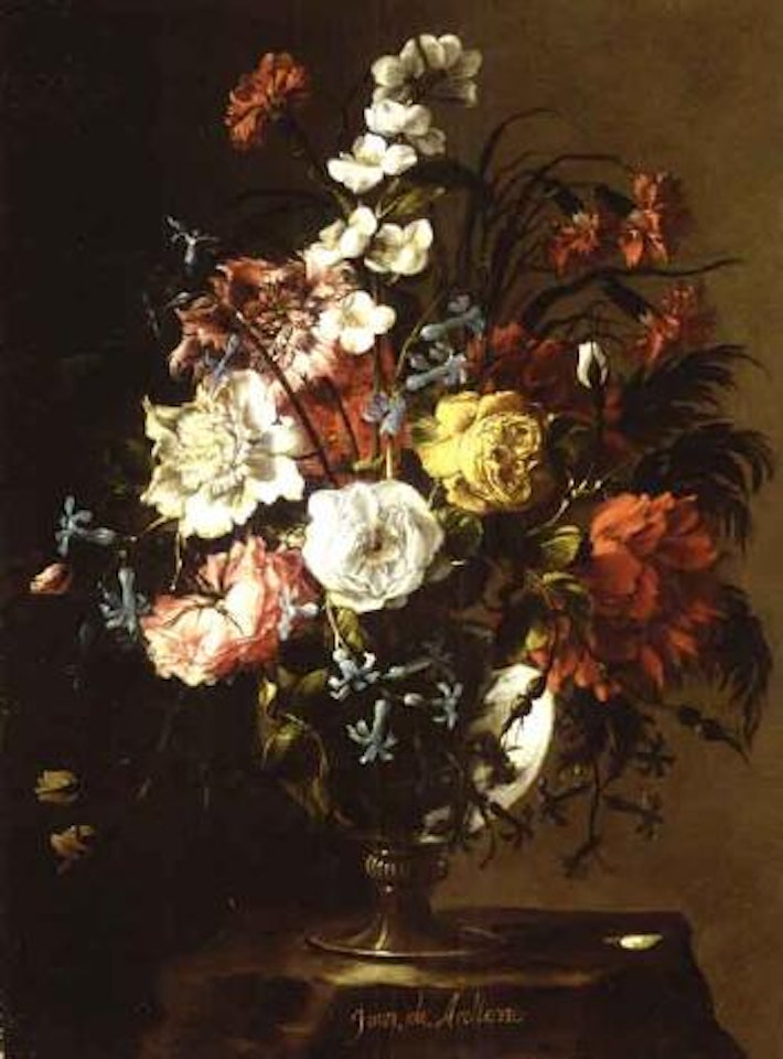 Still life of roses and other flowers in a glass vase, upon a stone plynth by Juan de Arellano