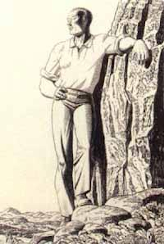 Man standing with arm on rock by Rockwell Kent