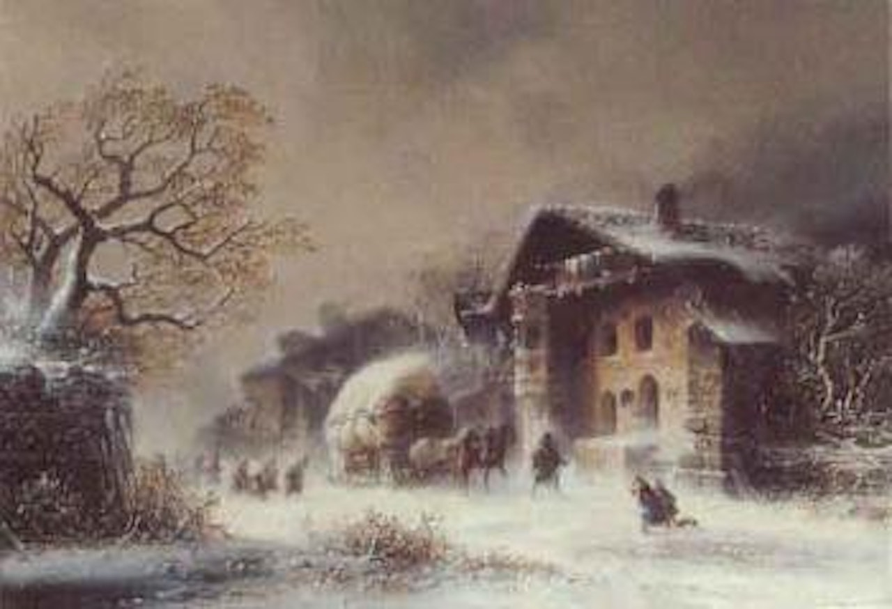 Village in winter with horse drawn wagon by Anton Doll