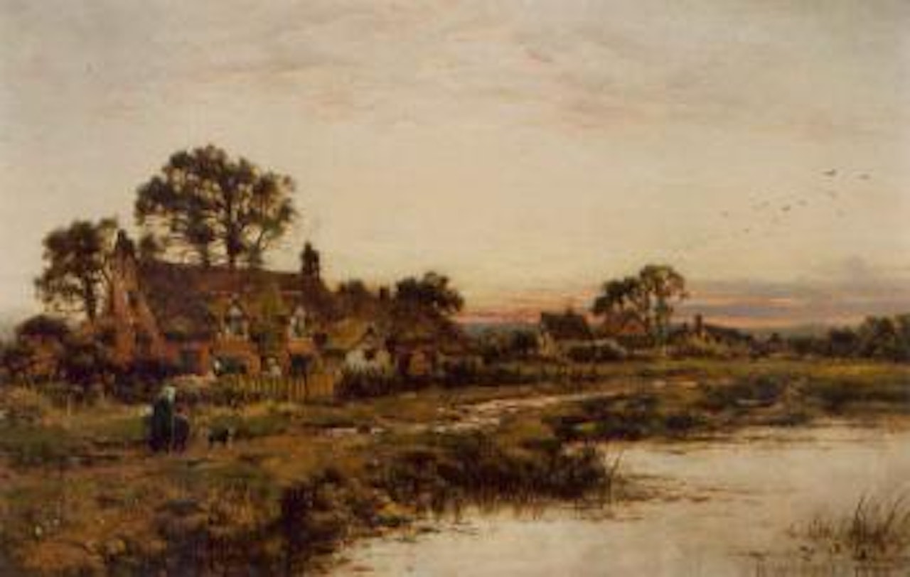 Figures walking beside a river at sunset by Benjamin Williams Leader