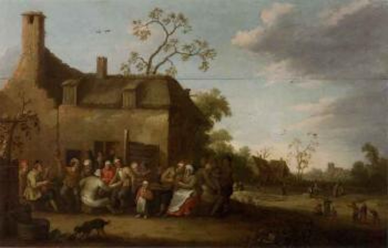 Peasants merrymaking before a farmhouse by Joost Cornelisz Droochsloot