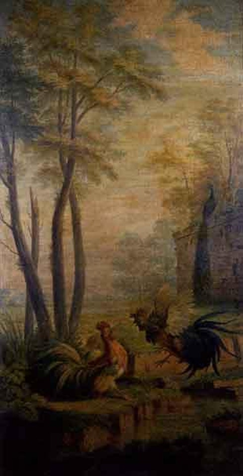 Two fighting cocks by a pond by Jean-Baptiste Oudry