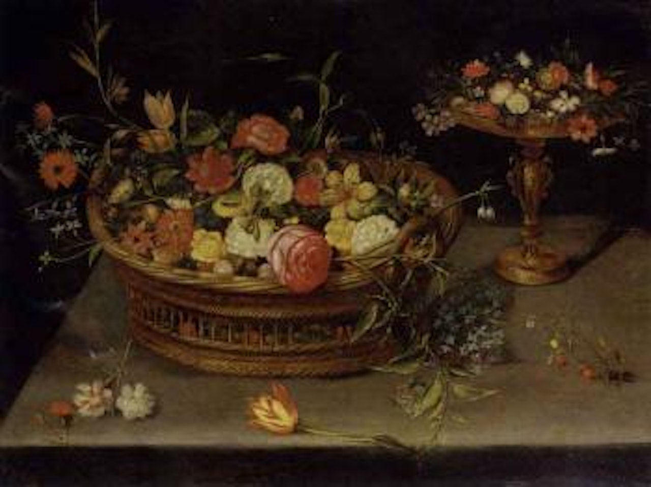 Roses, peonies, tulips and other flowers in a basket by Jan Brueghel the Younger