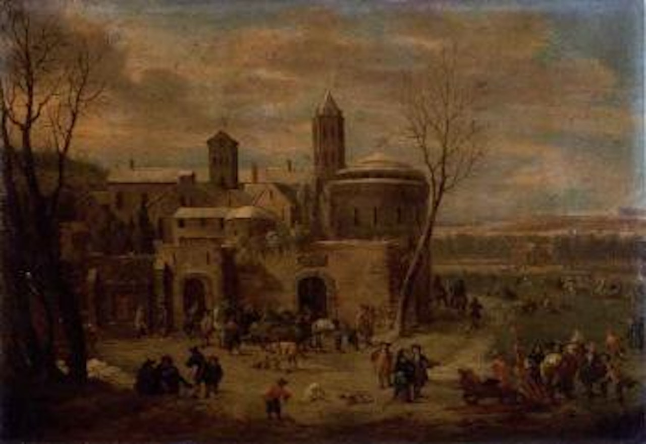 Winter landscape with figures unloading a cart outside a town by Pieter Bout