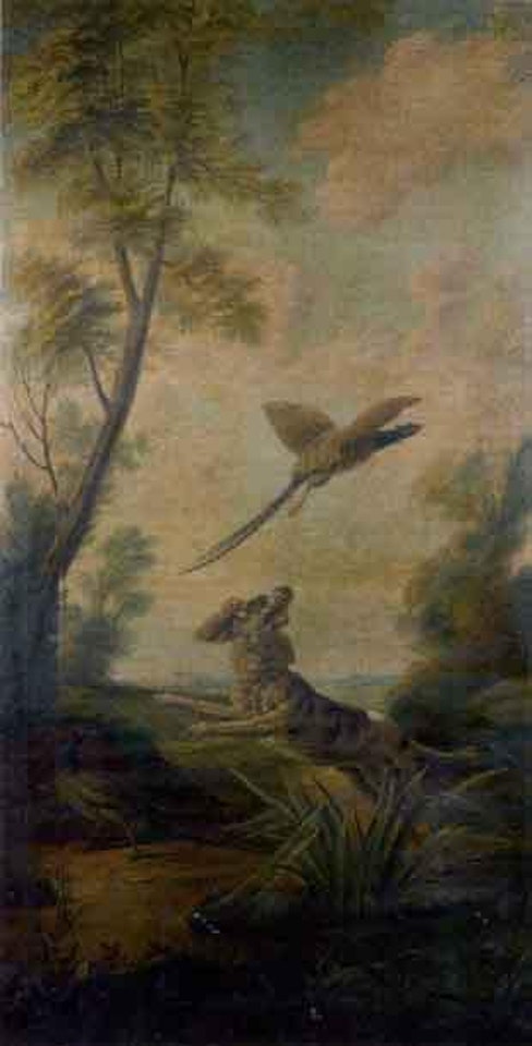 Cocker spaniel chasing pheasants near a pond by Jean-Baptiste Oudry