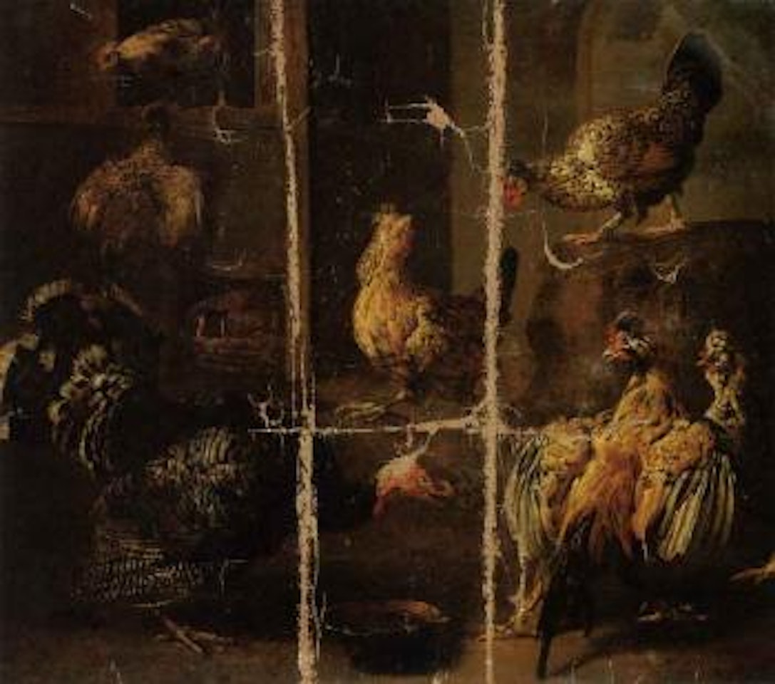 Turkey and chickens in a yard by Adriaen van Utrecht