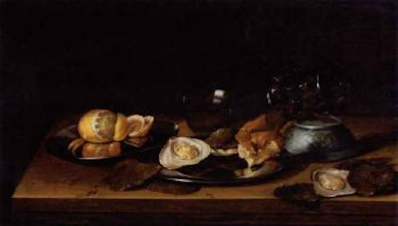 Upturned roemer and Chinese bowl with food on a wooden ledge by Jan Davidsz de Heem