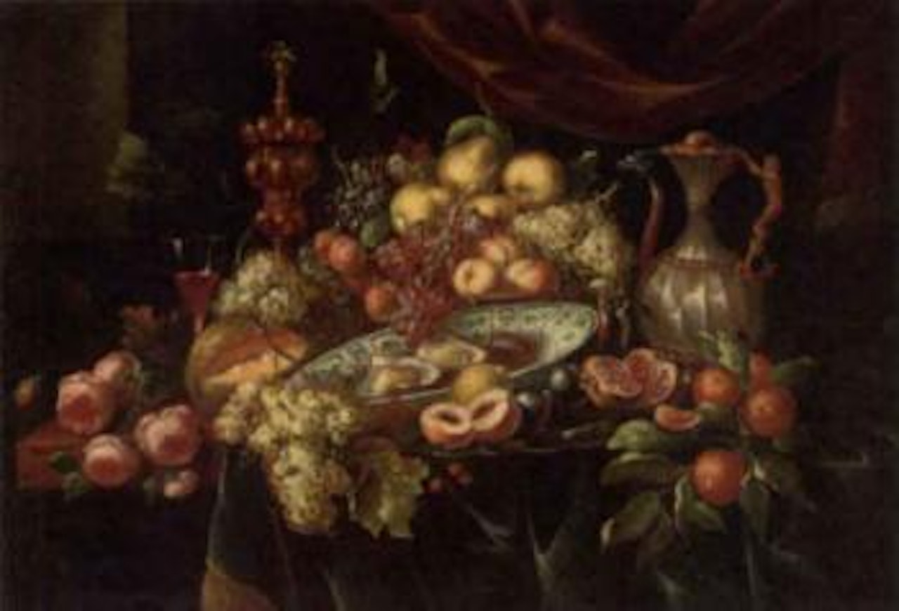 A ewer, silver-gilt cup and cover, basket, various fruits on a tray on a table by Jan Davidsz de Heem