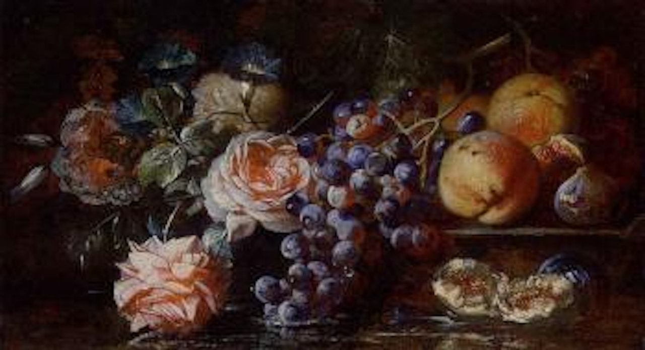 Grapes on the vine, figs, peaches, roses and morning glory by Franz Werner von Tamm