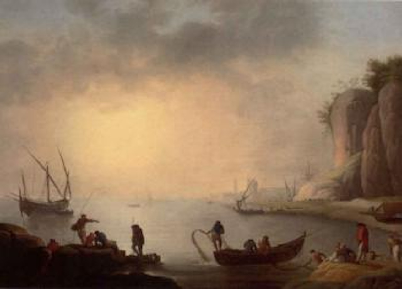 Mediterranean coastal inlet with fishermen by the shore by Claude Joseph Vernet