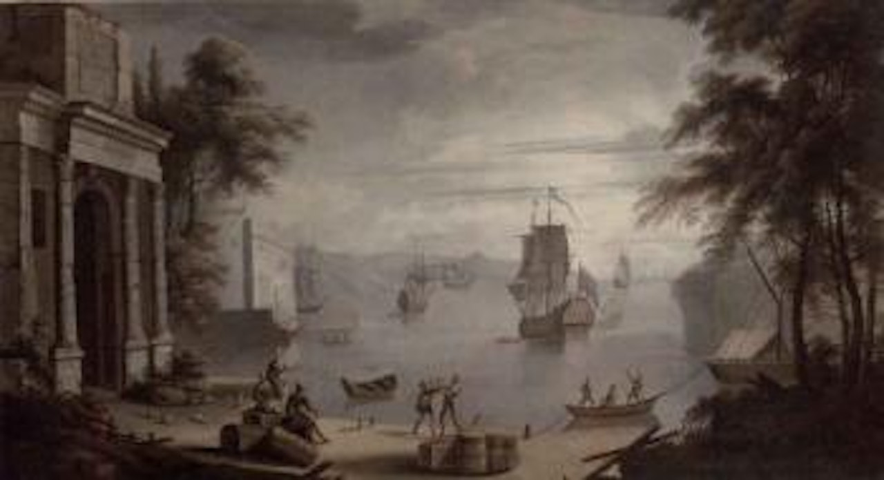 Mediterranean coastal harbour with ships and figures by Claude Joseph Vernet