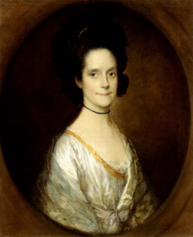 Portrait of Elizabeth Ives, Mrs Thomas Butcher, wearing a white and gold dress by Thomas Gainsborough