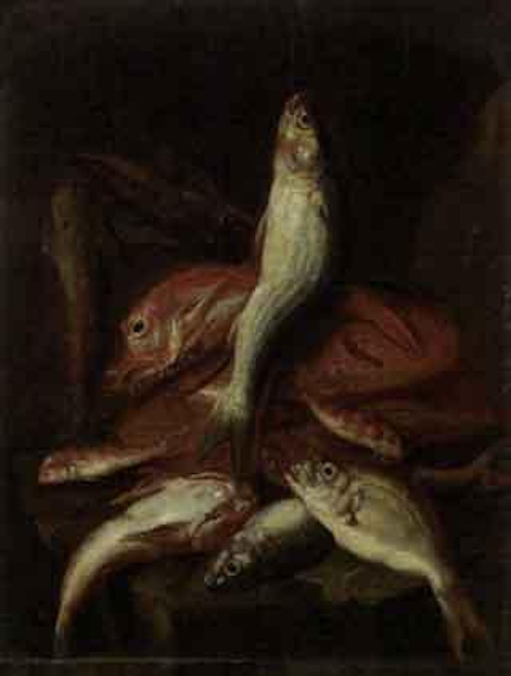 Fish on stone ledge by Giuseppe Recco