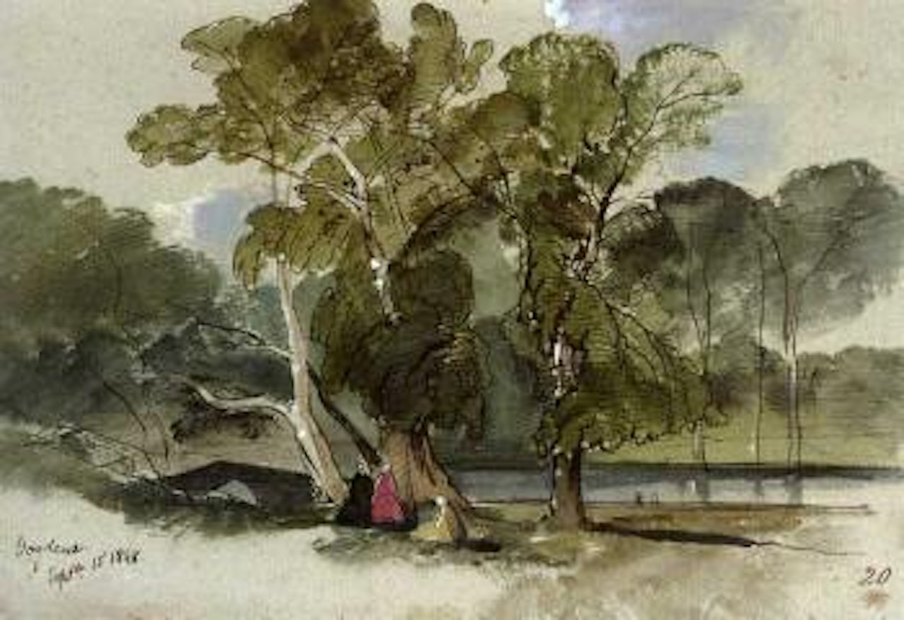 Figures resting in a shady glad, Vodena, Greece by Edward Lear