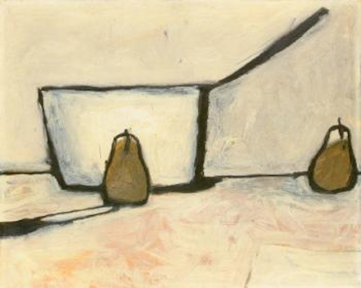 White saucepan, knife and yellow pears by William Scott