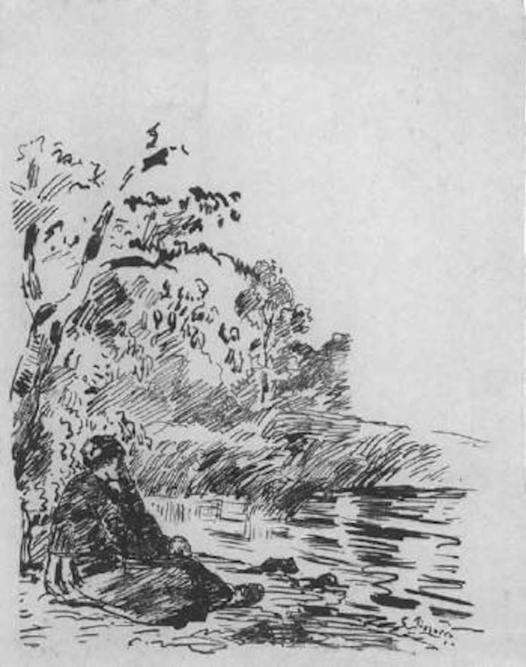 Femme assise au bord d'un etang by Camille Pissarro