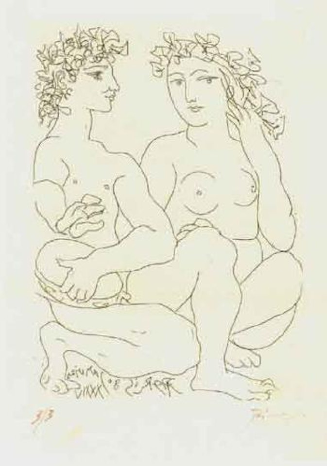 Jeune couple accroupi, l'homme avec un tambourin by Pablo Picasso