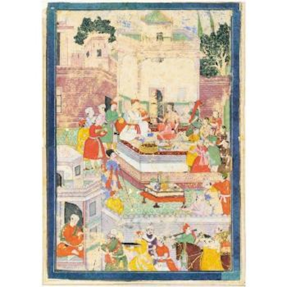 A prince entertains in a palace courtyard by Mughal School