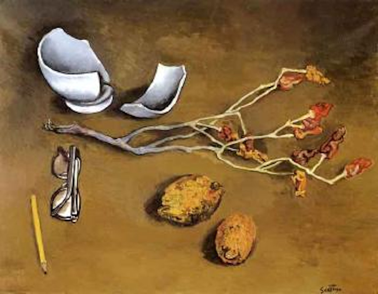 Chilli peppers, broken bowl, lemons and glasses by Renato Guttuso