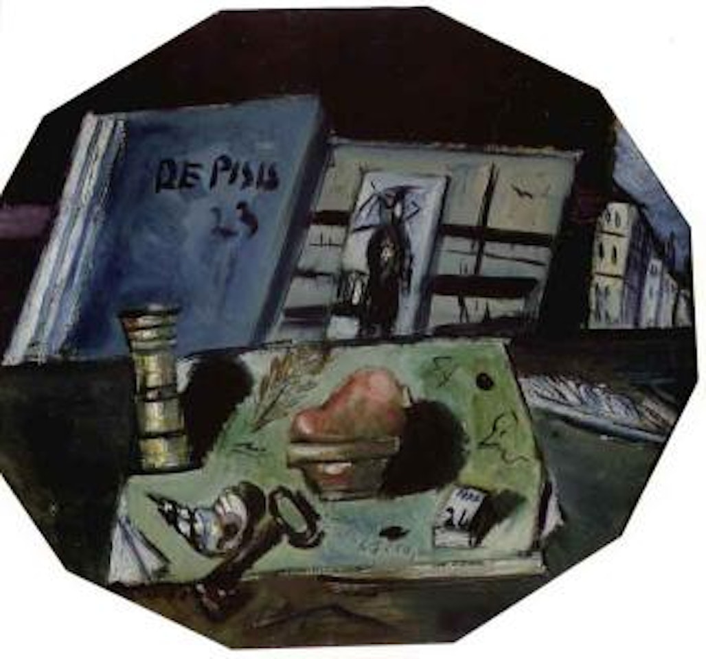 Still life with red heart and Japanese print by Filippo de Pisis