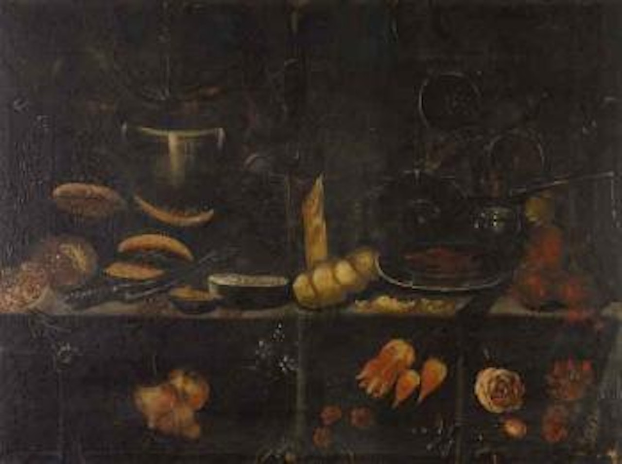 Kitchen interior with fruit and crockery. Still life of flowers and fruit by Florentine School