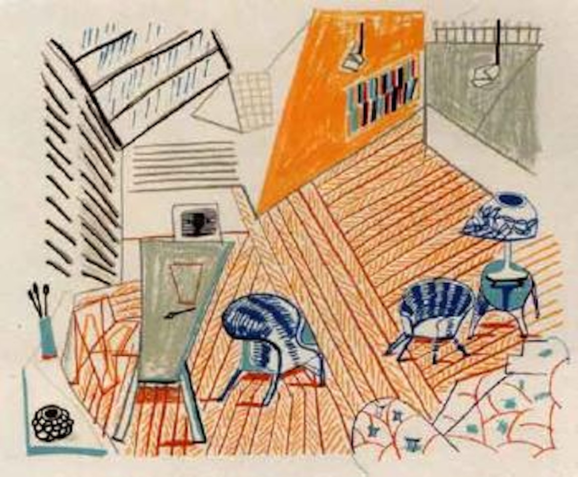 Pembroke studio with blue chairs and lamp by David Hockney