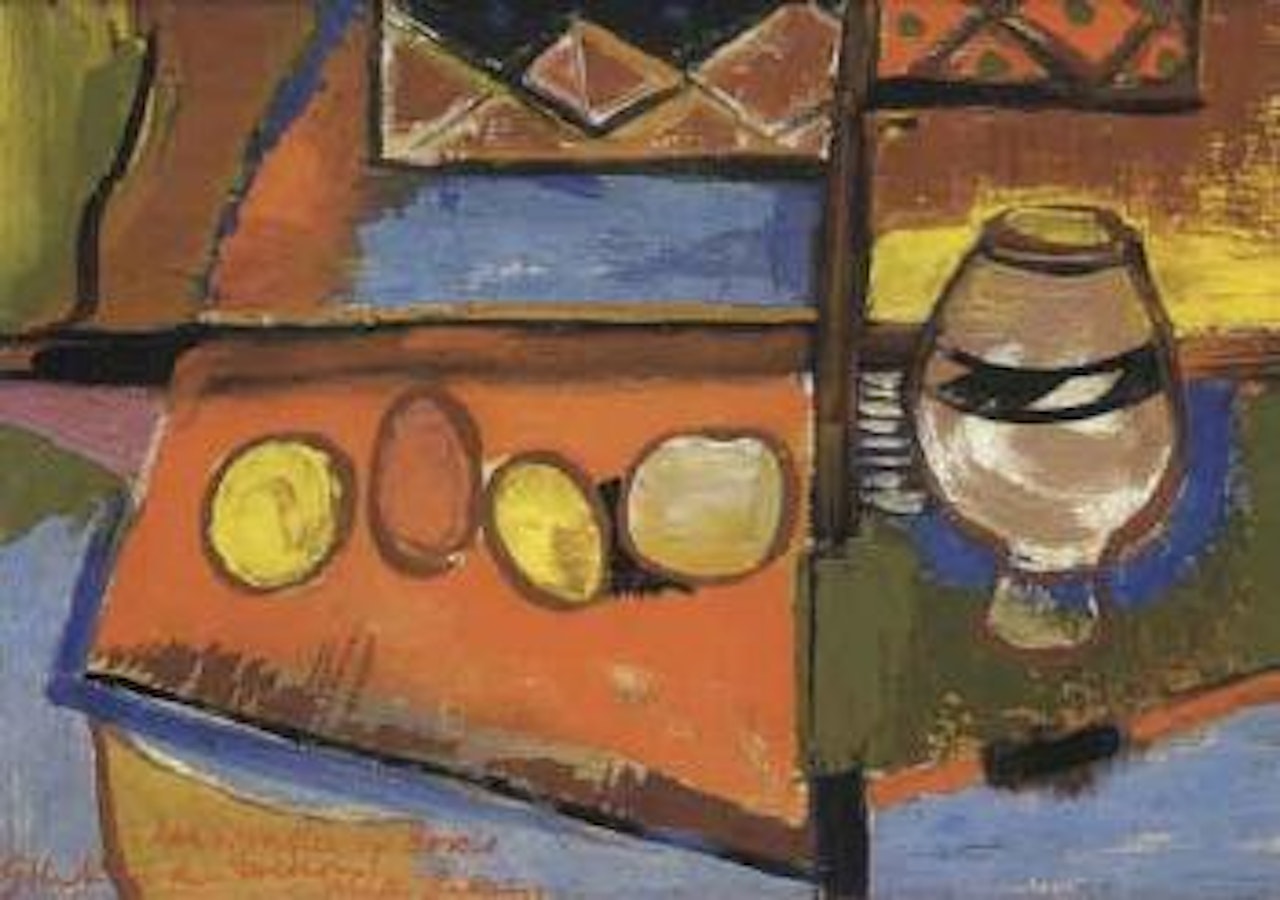 Abstract still life with fruit and a vase by Walter Battiss