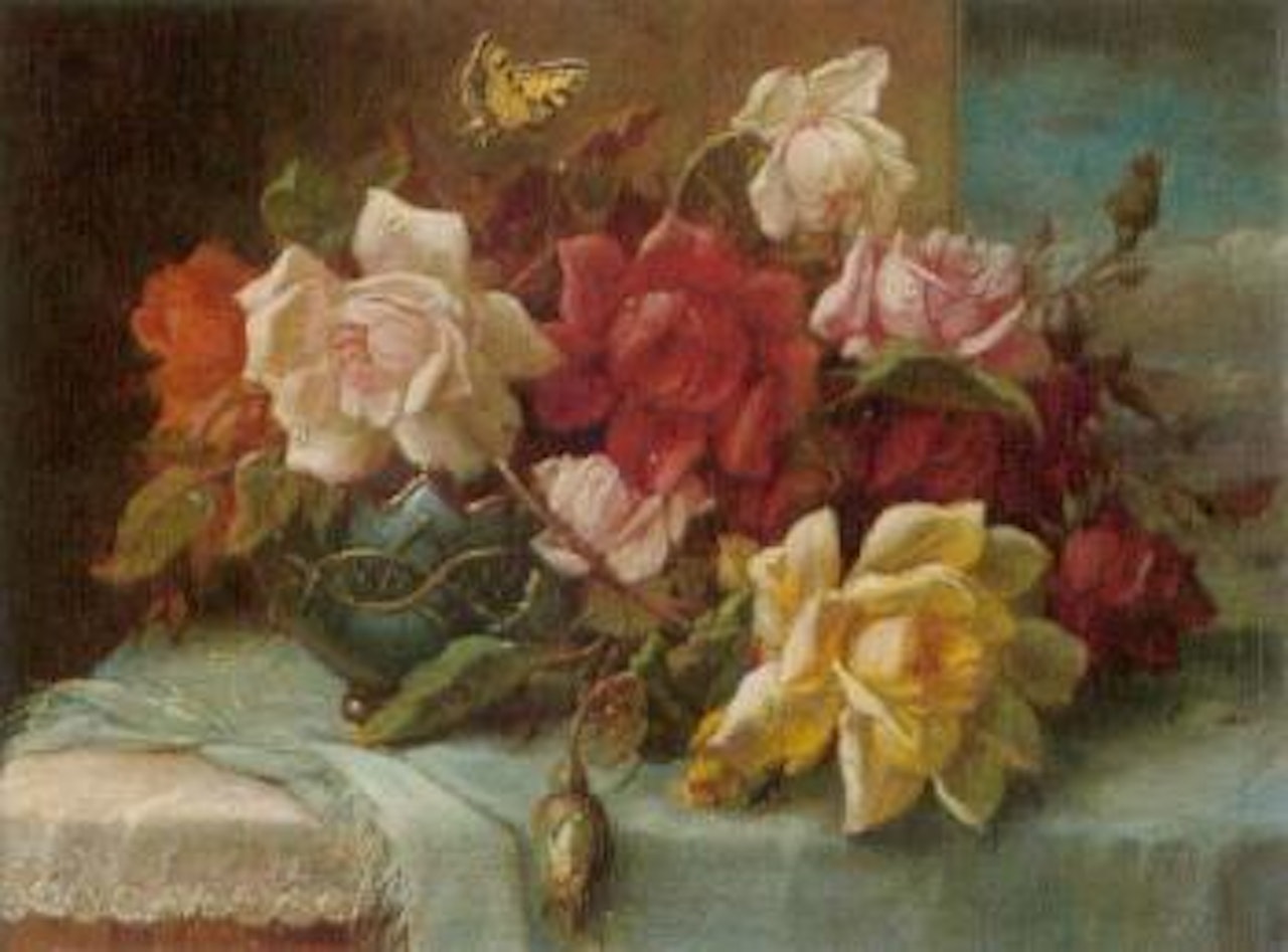 Roses in an ornamental vase by a casement by Hans Zatzka