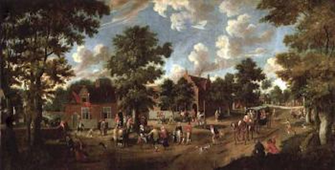 Village scene with peasants merrymaking outside an inn by Flemish School